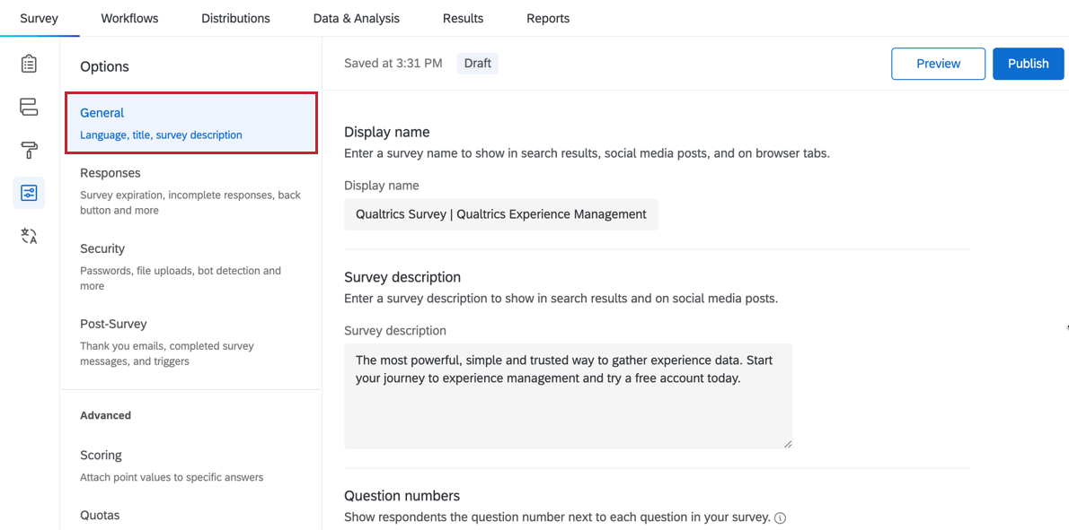 the general section of survey options