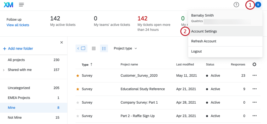 clicking the initial icon in the top right then account settings