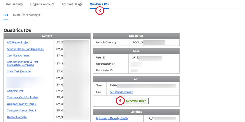 navigating to qualtrics ids and clicking generate token