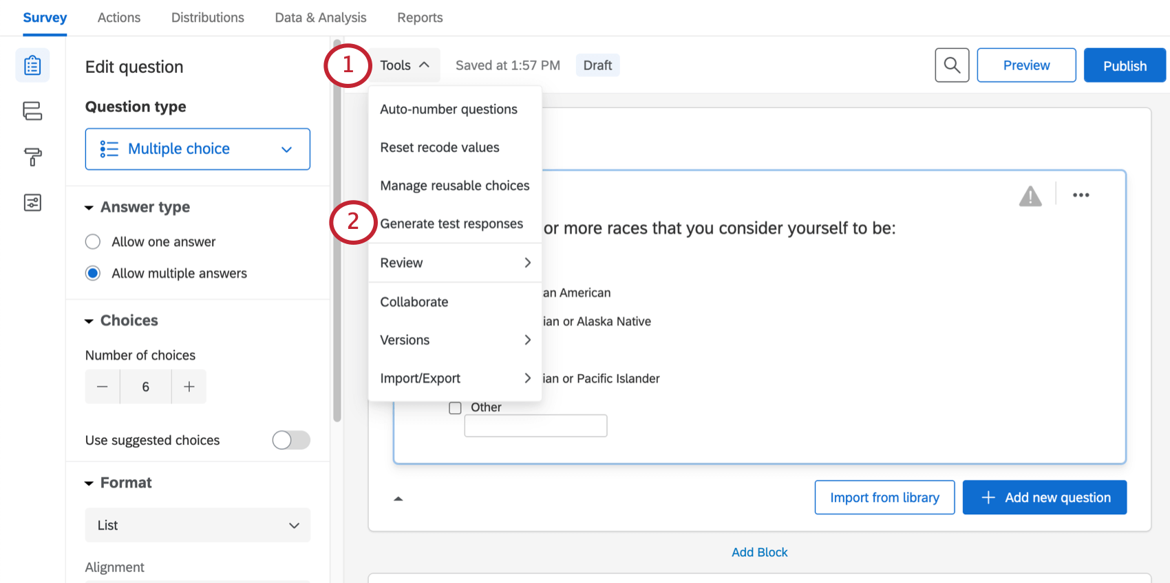 image de loption générer des réponses test dans le menu outils