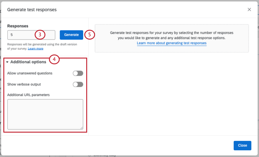 Fenêtre Tester lenquête avec des options développées