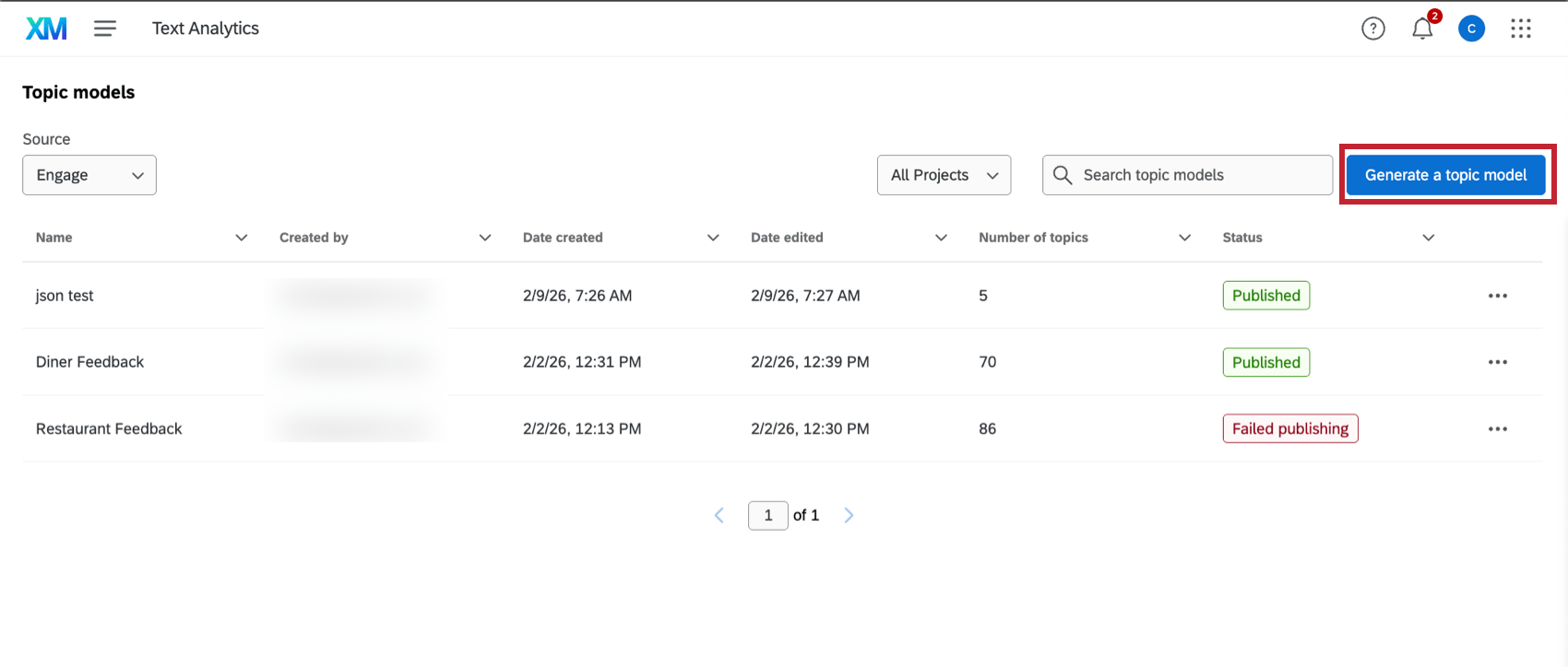 le bouton générer un modèle de sujet sur la page Analyse de texte