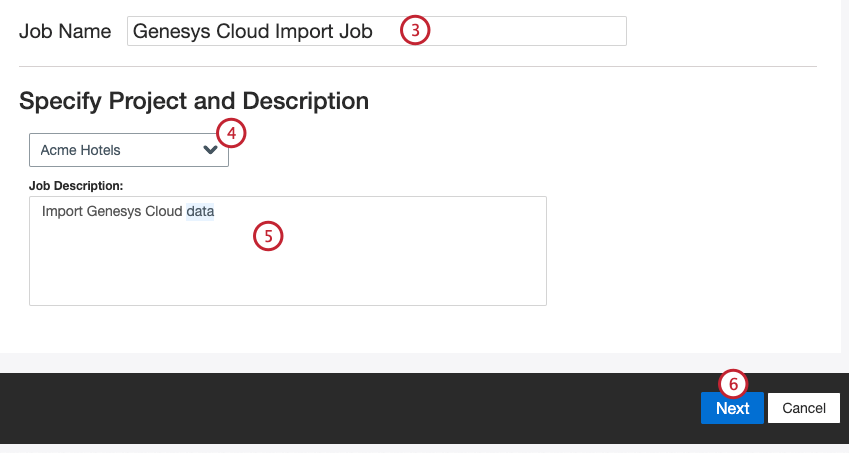 naming your job and selecting a project and description