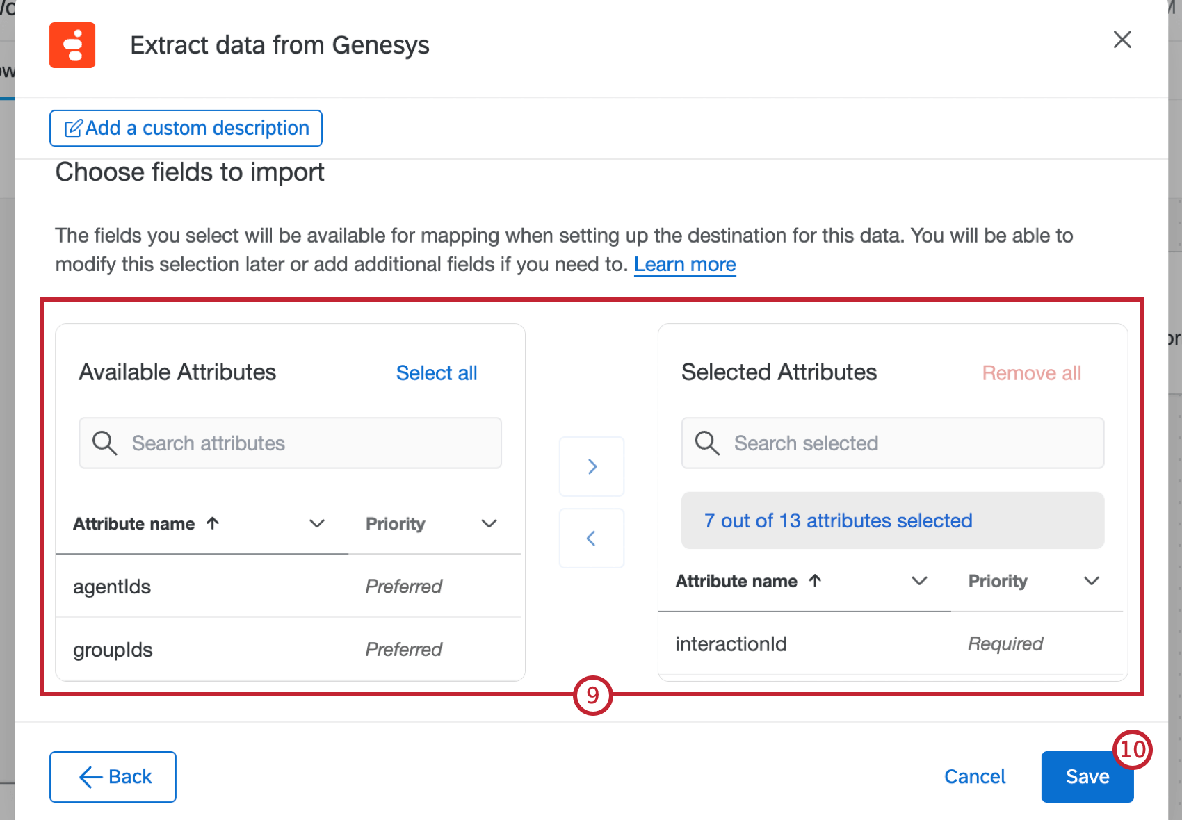 selecting attributes to import from genesys