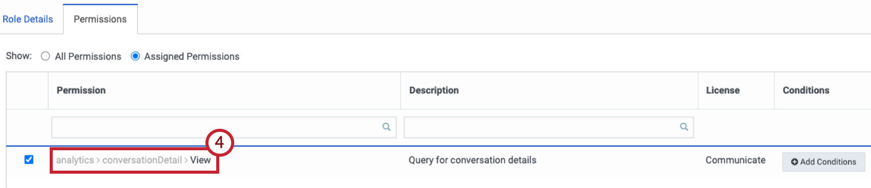 aggiunta di analisi conversationDetail Autorizzazione di visualizzazione allinterno della scheda autorizzazioni di Genesys