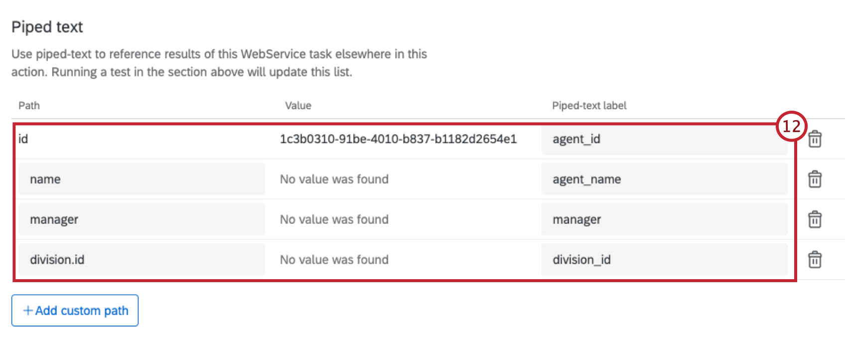 mapped fields in the piped text section