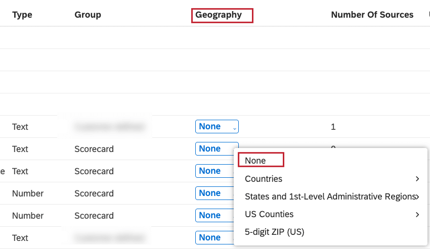 Localice un atributo o modelo que desee marcar como geográfico y seleccione una opción en la columna Geografía