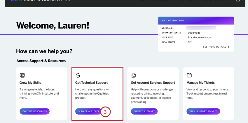 selecting "get technical support" after logging into the hub