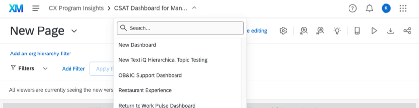 Lista a discesa di dashboard allinterno del progetto