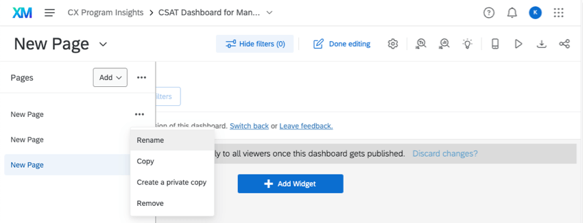 Il menu si apre a sinistra, mostrando le pagine dashboard