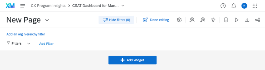 Editing mode. Done editing button blue upper-right, add widget button bottom center