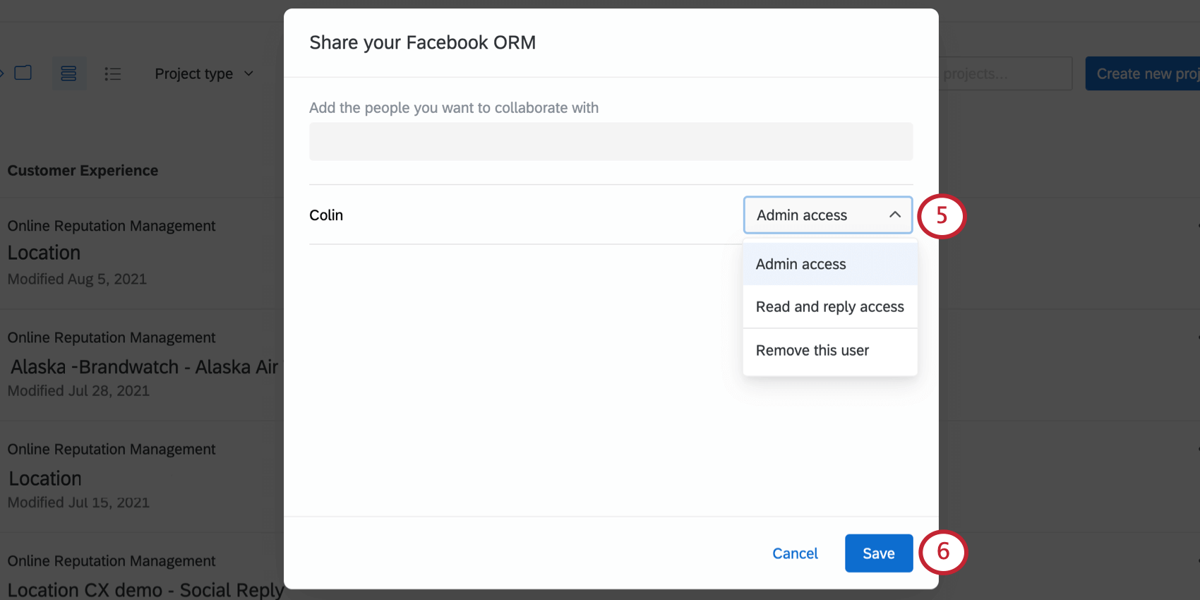 Selecting level of access from dropdown
