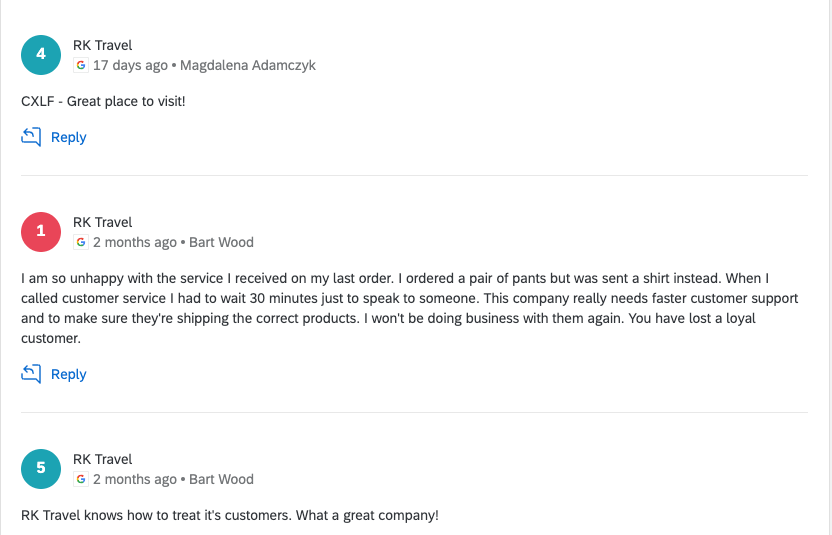 Response ticker widget with reply button under each online review