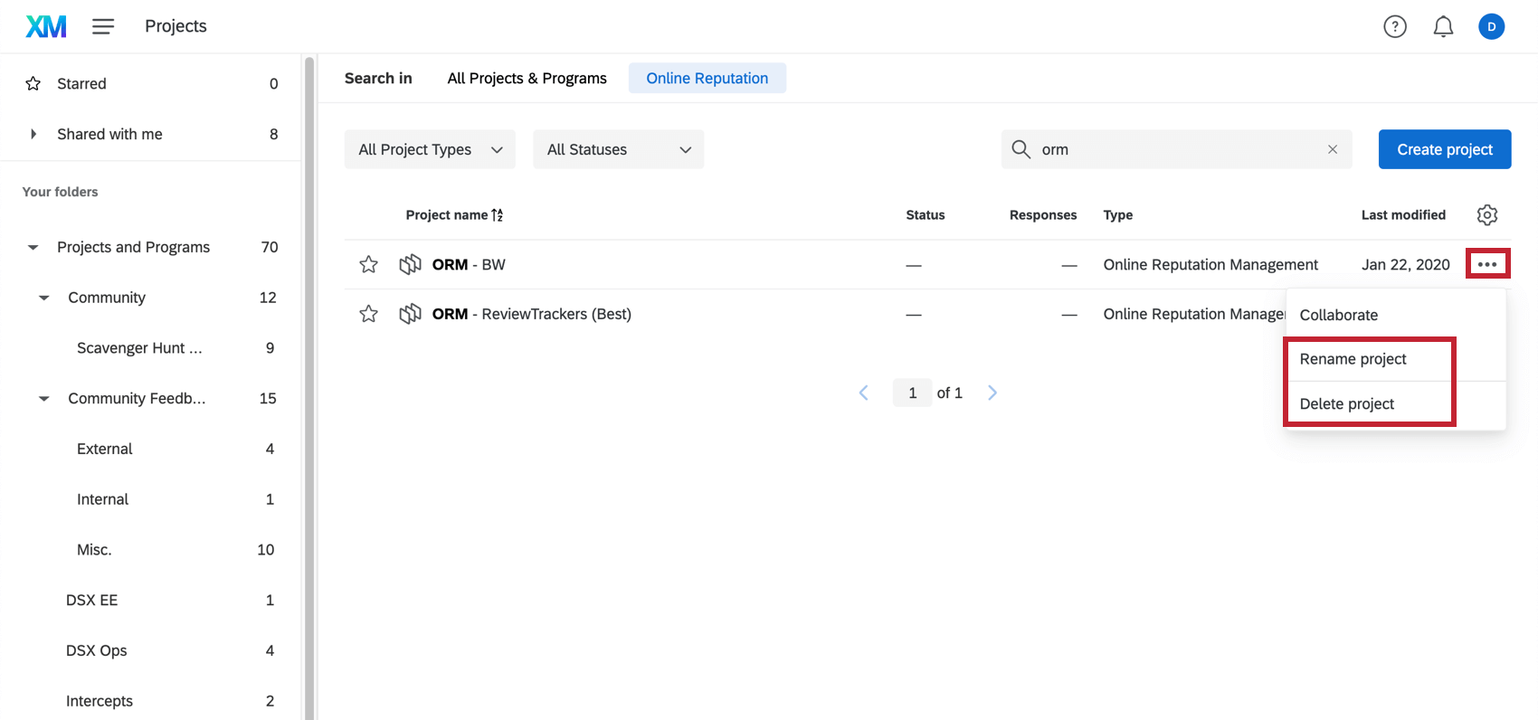 3 dots menu on projects page opened, rename and delete options highlighted