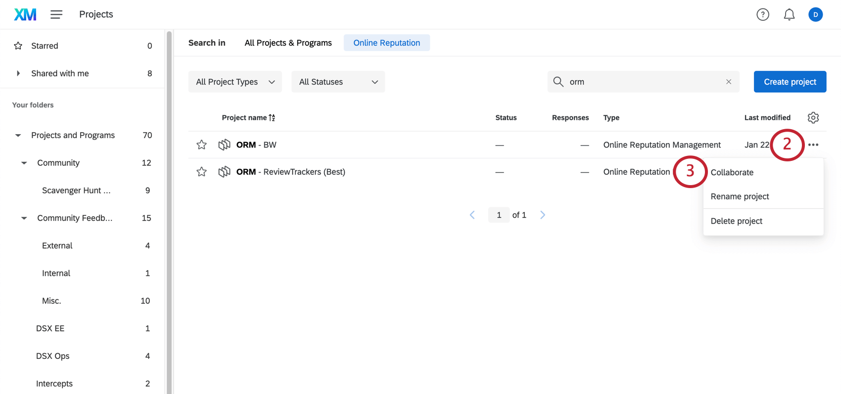 3 dots menu on projects page opened, collaborate option highlighted