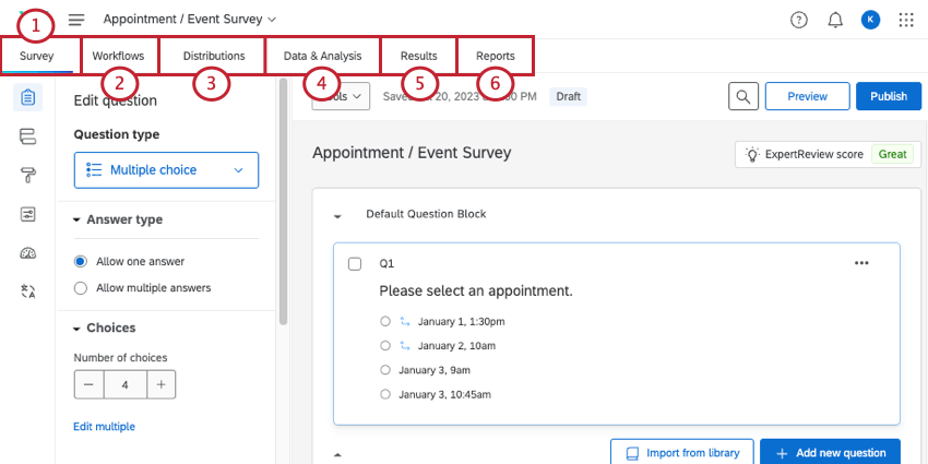 The tabs along the top of the survey are numbered and their purpose is described with links to more details below