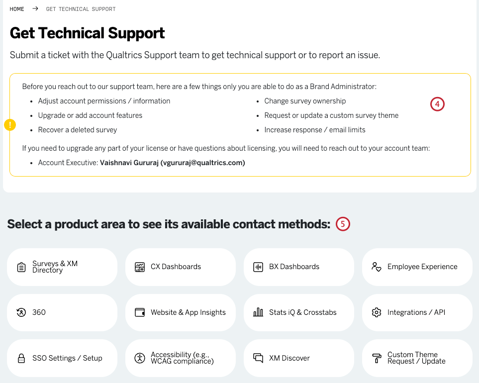 choosing the product area to get support with