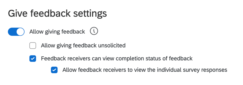 A seção Obter configurações de feedback nas opções participante