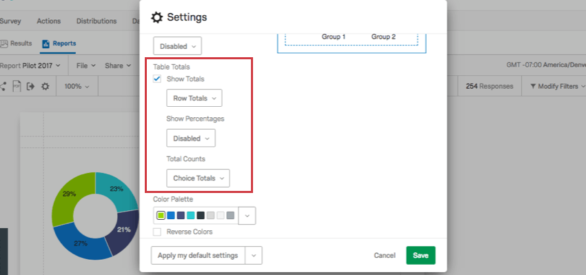 Totals option is selected revealing more selections