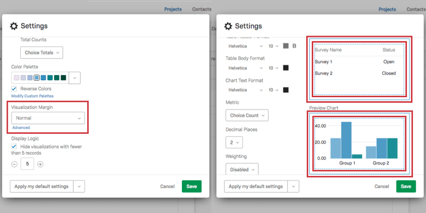 Margin option on the left and what it affects outlined in red on the right