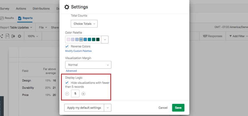 Anzeigelogik ausgewählt, die ein Feld anzeigt