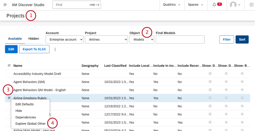 category models in studio, clicking options so you can view the uncategorized data