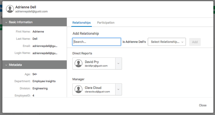 Información de relación del participante en la ventana de información global