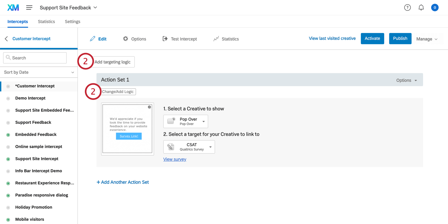 Add logic is step 2; both the intercept targeting logic and action set logic buttons are indicated