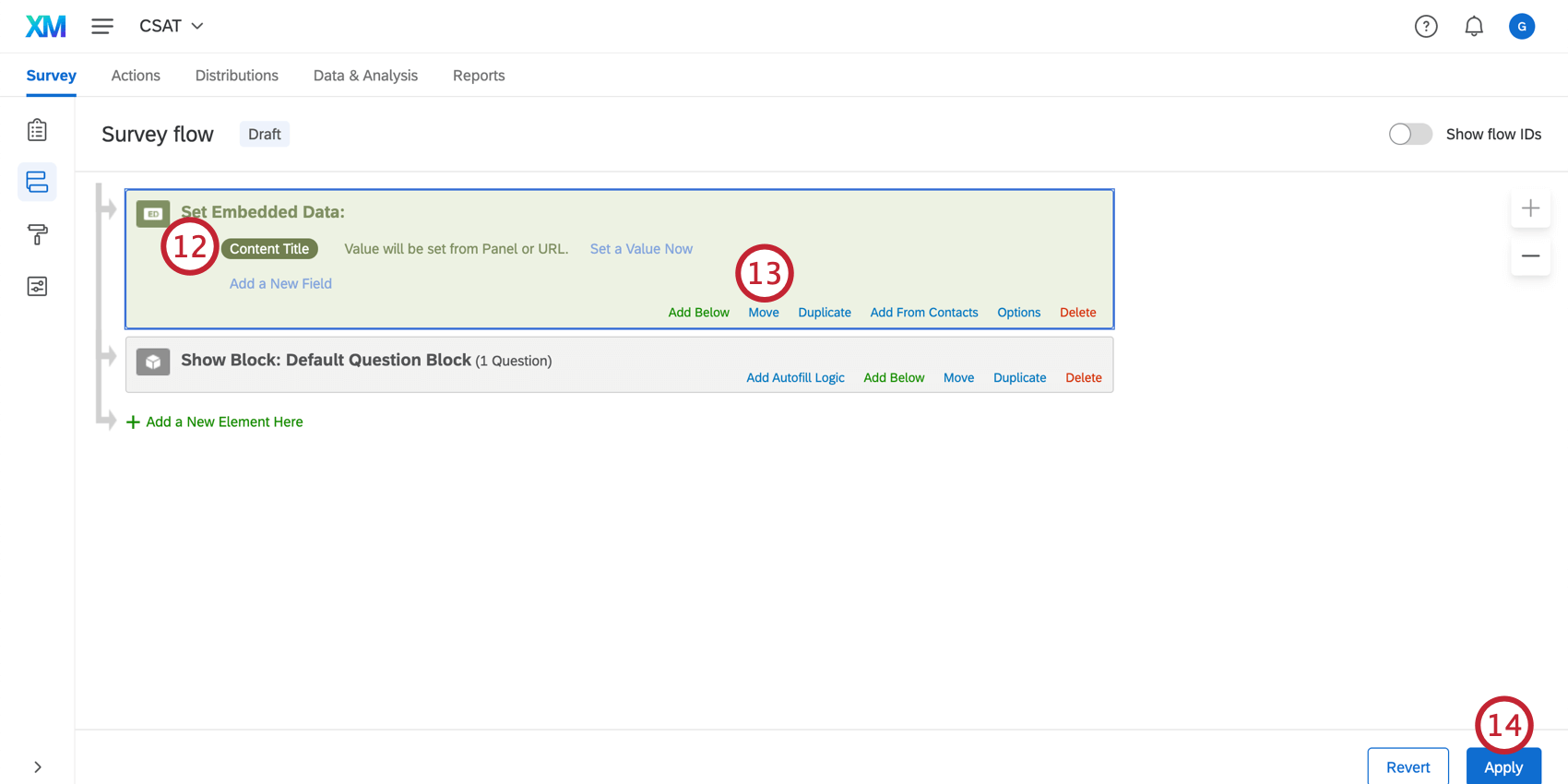 Spécification des données intégrées et déplacement de lélément vers le haut ; le bouton Appliquer est indiqué en bas à droite