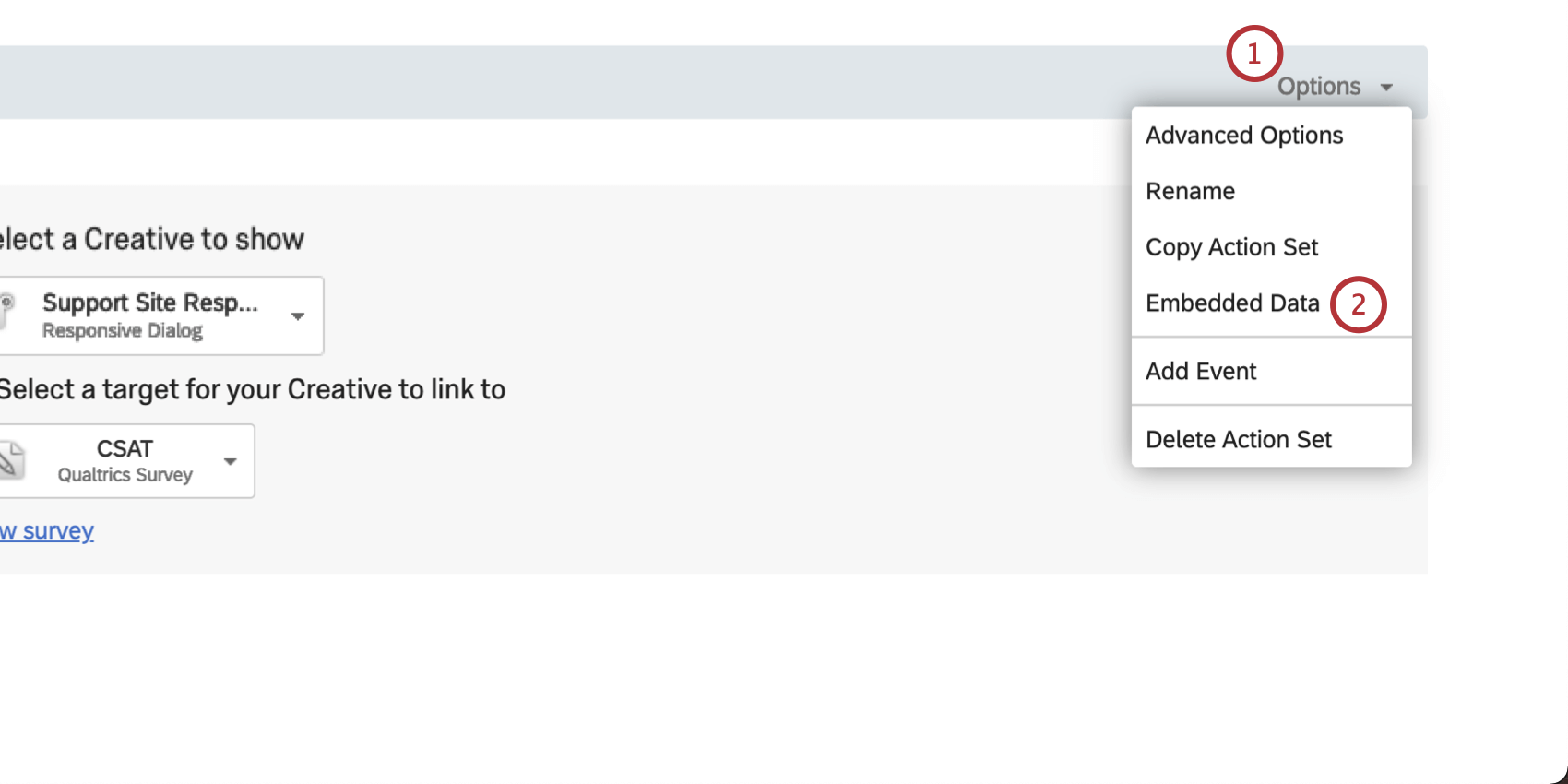 Options menu dropped down with Embedded Data highlighted