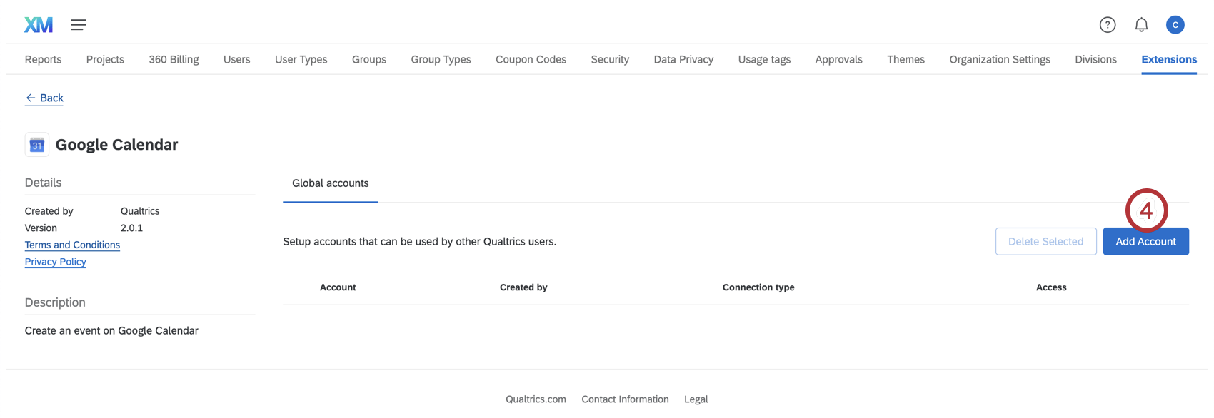 Panoramica dellestensione del calendario di Google con #4 avanti al pulsante Aggiungi account