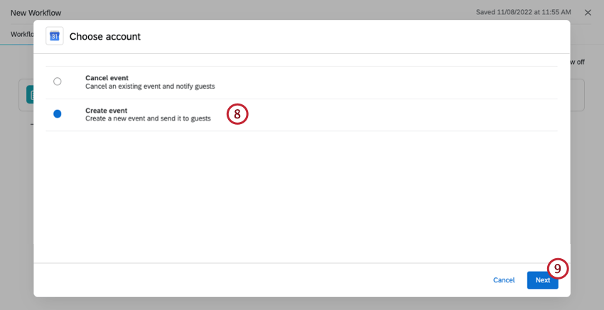 choosing "create event"