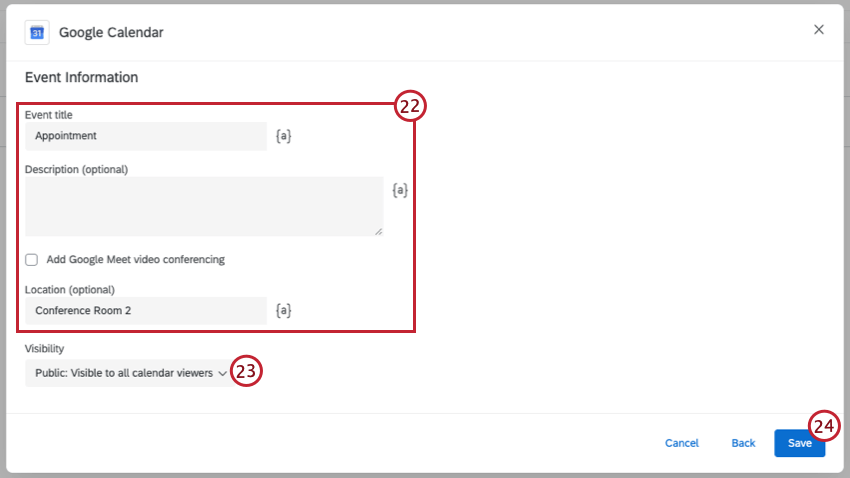 preenchimento das informações do evento para o evento do calendário