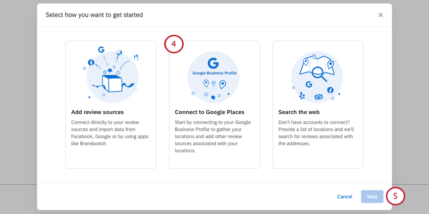 3 tiles shown, connect to google places is highlighted
