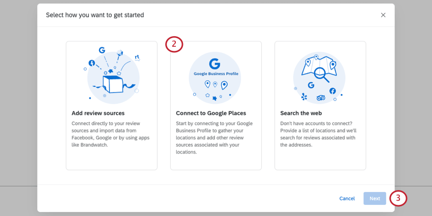 Se muestran 3 mosaicos, la conexión a Google Places está resaltada