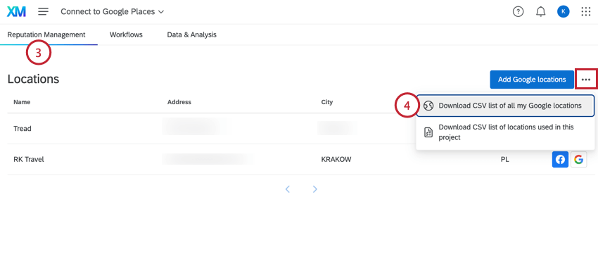 clicking the more actions menu and downloading google places