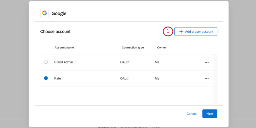 Botão no canto superior direito da janela onde você adiciona uma nova conta do Google