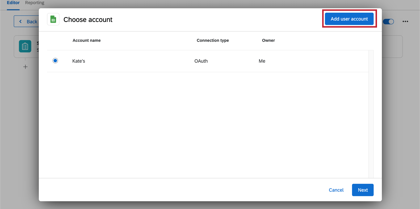 Image of the "Choose account" window while setting up the task - button for adding the account is in the upper-right