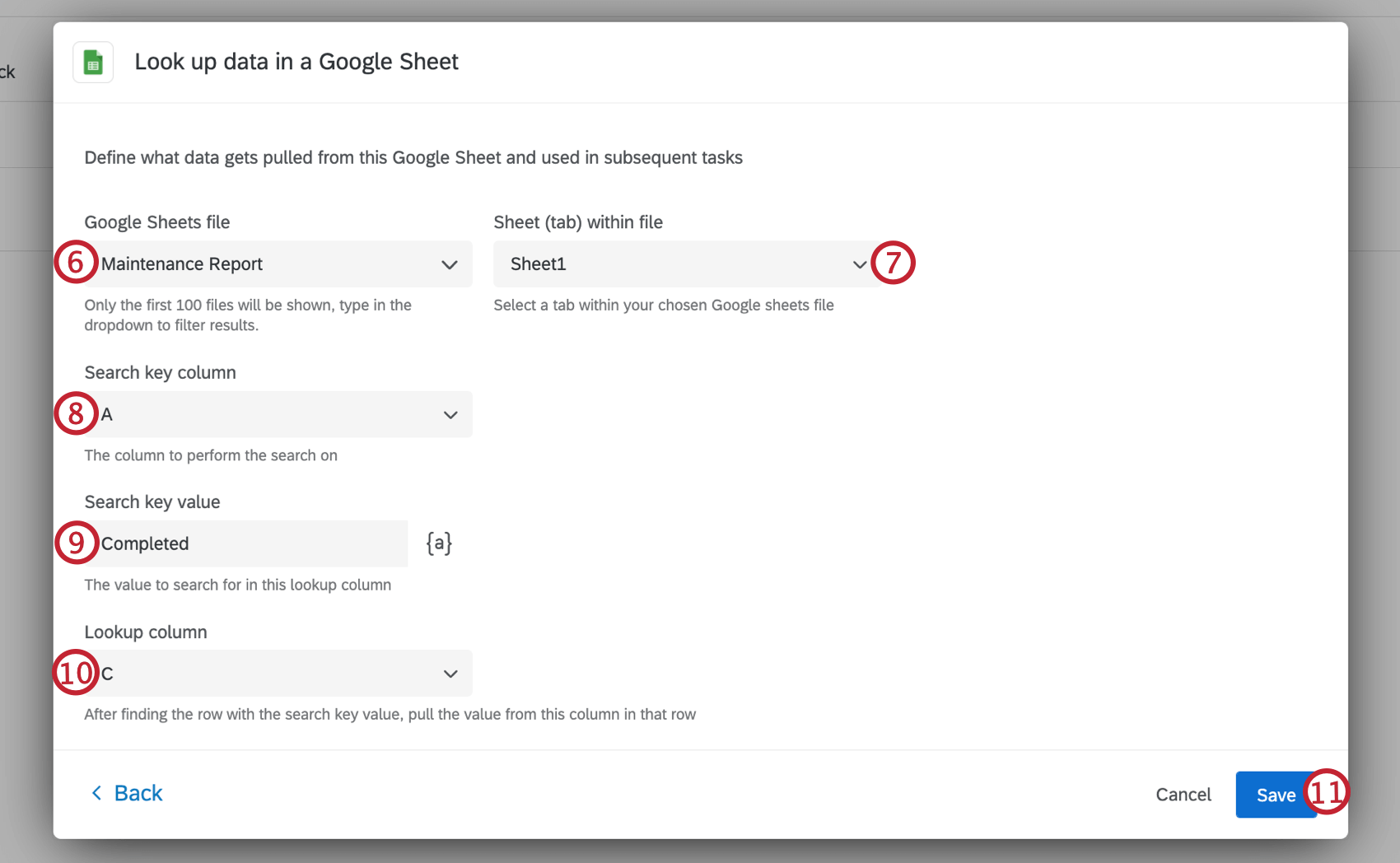 Auswählen von zu verwendenden Daten aus dem ausgewählten Google-Arbeitsblatt