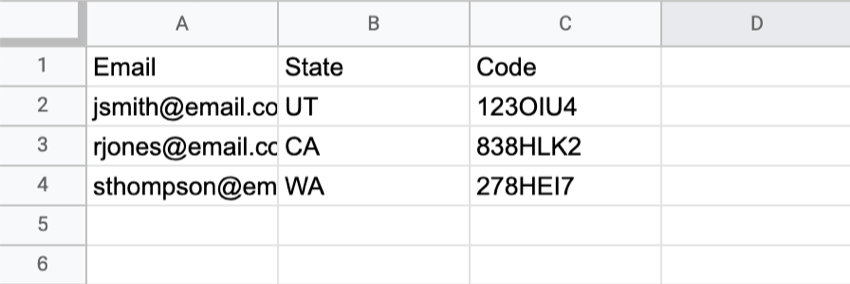 example spreadsheet with email, state, and gift card code