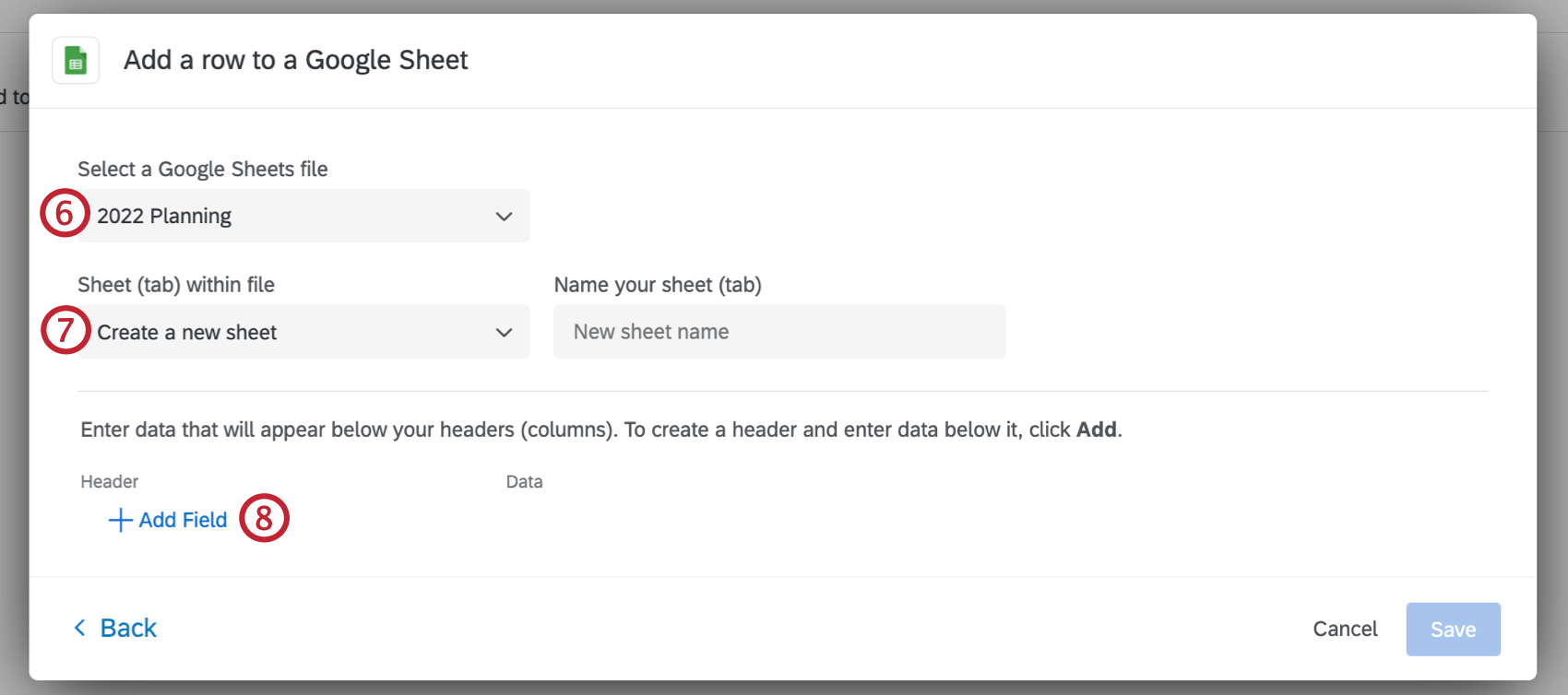 selezionare un file di google sheets e configurare i dati