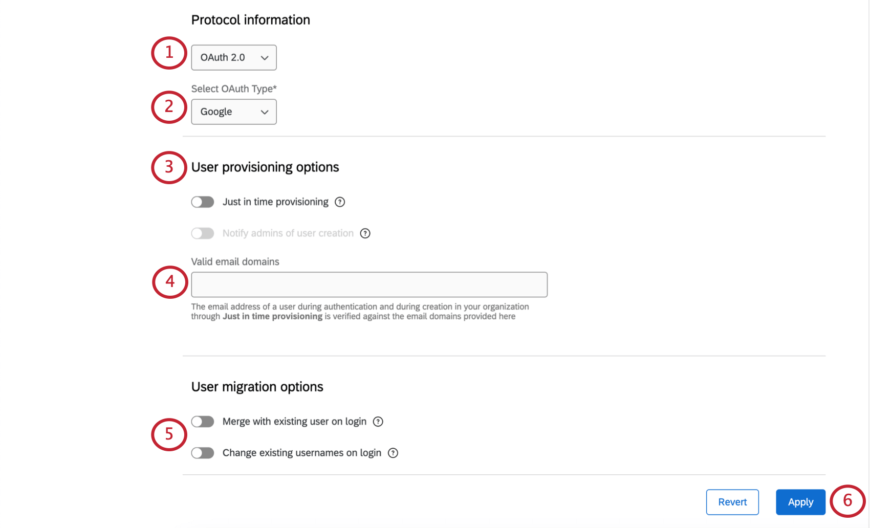 Sección de información del protocolo con el primer menú desplegable que dice OAuth 2.0 y el segundo menú desplegable que dice Google