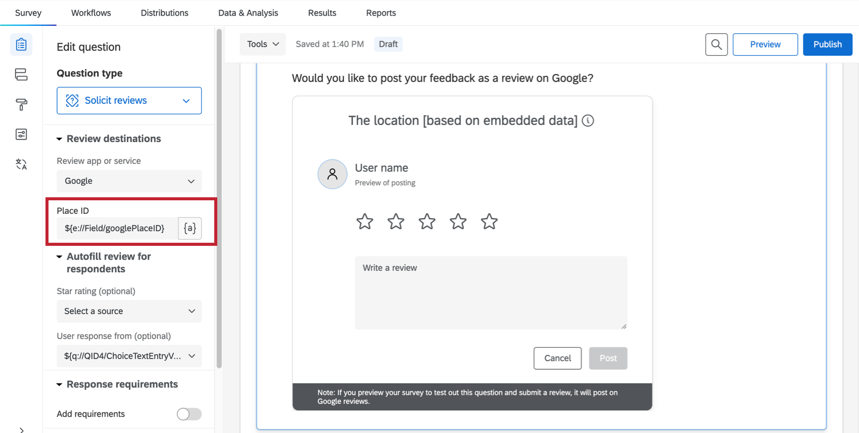 Eine einholen von bewertungen. Das Feld für die Orts-ID wird mit dem dynamischer Text für Google-Platz-IDs gefüllt.