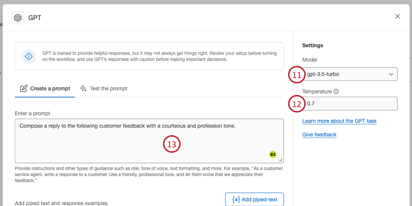scelta del modello, della temperatura e dellaggiunta di un prompt