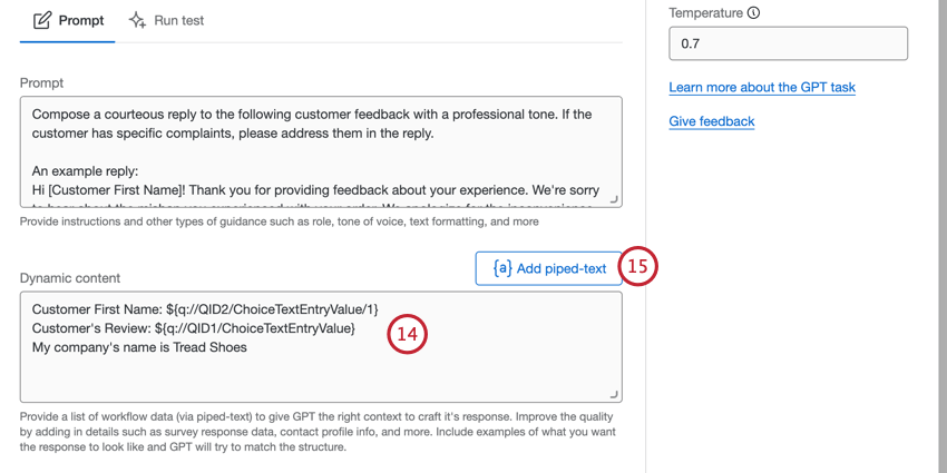 adding dynamic content via the piped text menu