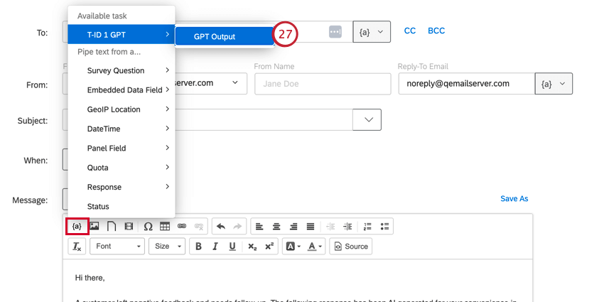 das Menü für dynamischen Text für eine Chat GPT-Ausgabe