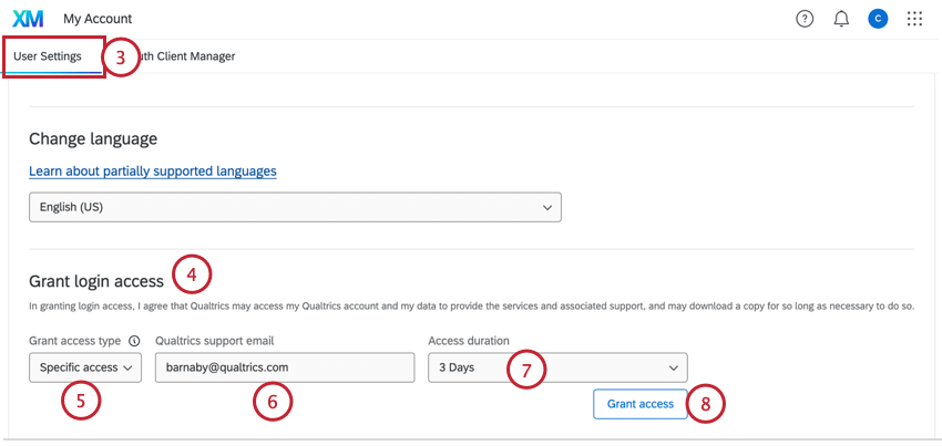 in the user settings tab, granting login access to support