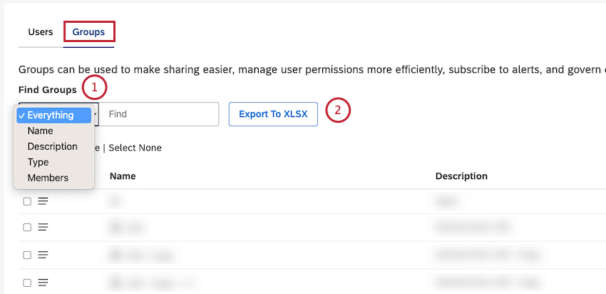 Pesquisar grupos. Clique em Exportar para XLSX para exportar grupos para um arquivo do Microsoft Excel (XLSX).