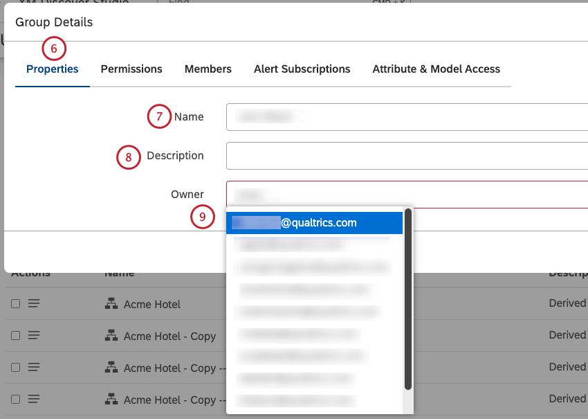 Dans la fenêtre Détails du groupe, vous pouvez définir les propriétés du groupe. Sélectionnez longlet Propriétés. Saisissez un nom unique pour le groupe dans la case Nom. Saisissez une description du groupe dans le champ Description. Cette étape est facultative. Saisissez ladresse électronique de lutilisateur ou une partie de celle-ci dans la case Propriétaire, attendez que ladresse électronique apparaisse dans la liste et sélectionnez-la.