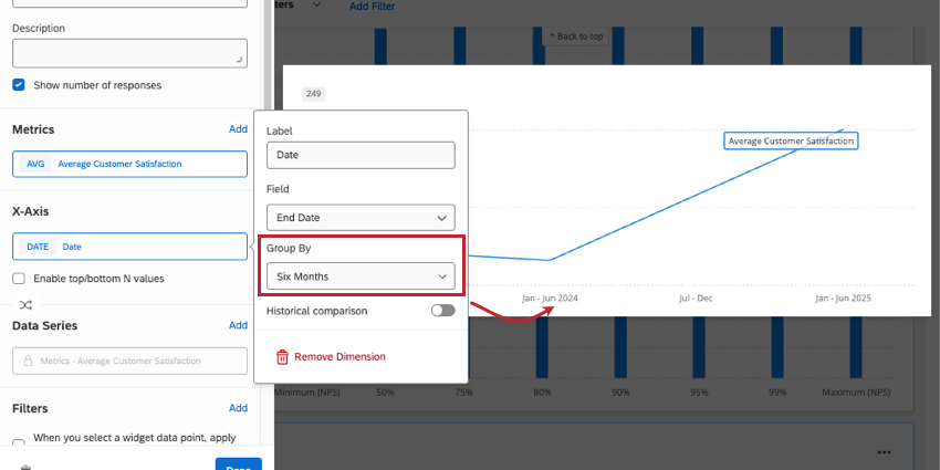 widget della riga in corso di modifica; nel riquadro di modifica, le impostazioni in cui si selezionano il tipo di data e di intervallo di tempo